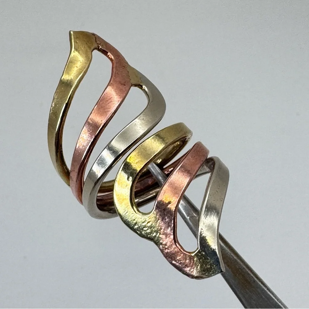 Vintage Mexico Tri Tone Silver Gold Rose Gold Statement Ring Boho